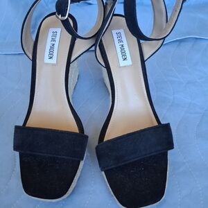 Steve Madden Black Suede Ankle-Strap Block Heel Sandals